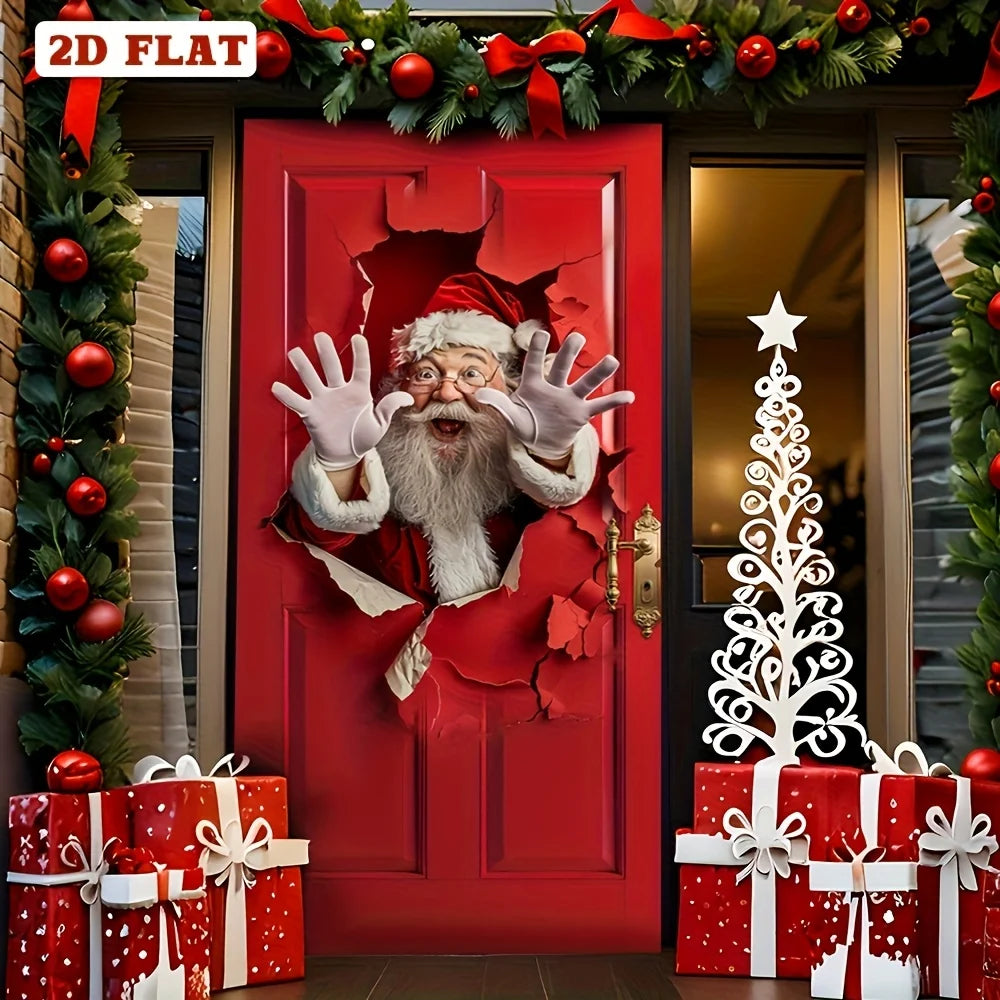 Christmas Door Hanging Banner, 2D Santa Claus Polyester Backdrop with Fun Christmas Designs, Festive Party Wall Decor for Home, Garden, Entryway & Holiday Celebrations