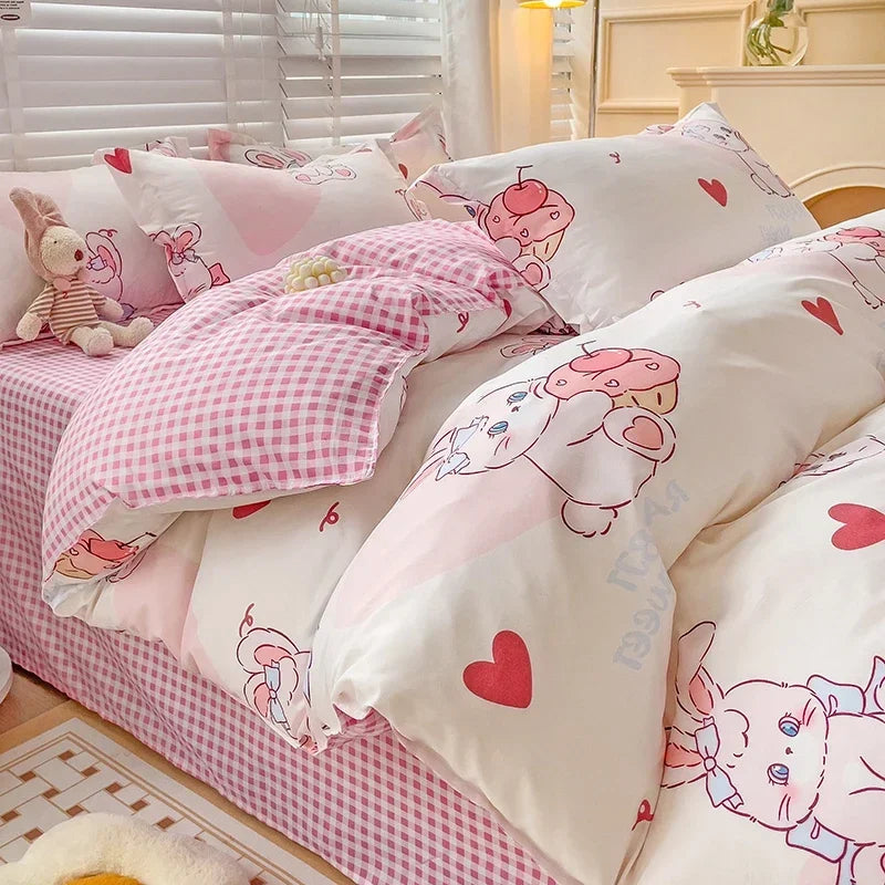 Cute Bunny Kids Bedding Set – Cartoon Printed Polyester Duvet Cover, Flat Sheet & Pillowcases, Breathable Queen & King Bed Set