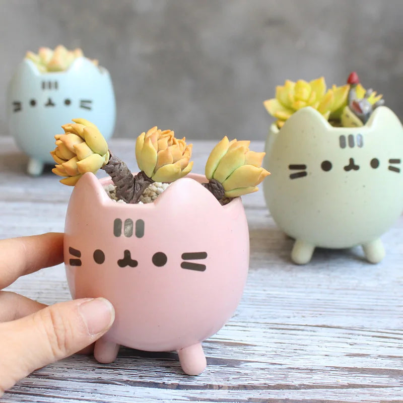 Cute Cat Succulent Pot with Drainage Hole, Small Ceramic Flower Planter, Animal Desktop Flowerpot for Home, Office, Garden, Bonsai & Gift Decor