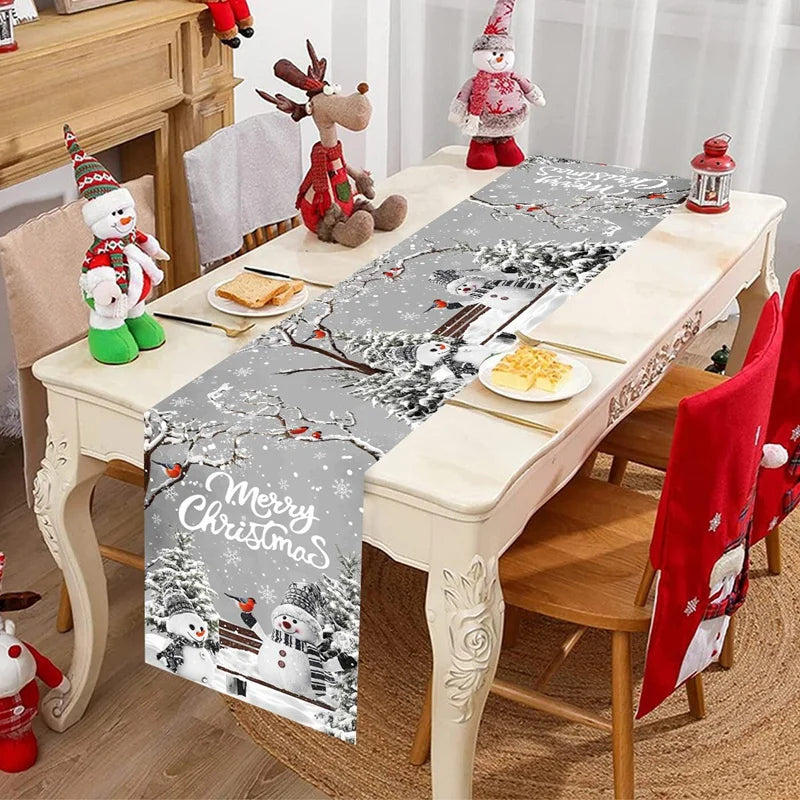 Christmas Table Runner 33×183cm, Winter Wonderland Snowman Linen Table Cover, Rustic Farmhouse Holiday Table Decor for Dining Room, Kitchen, Party & Home
