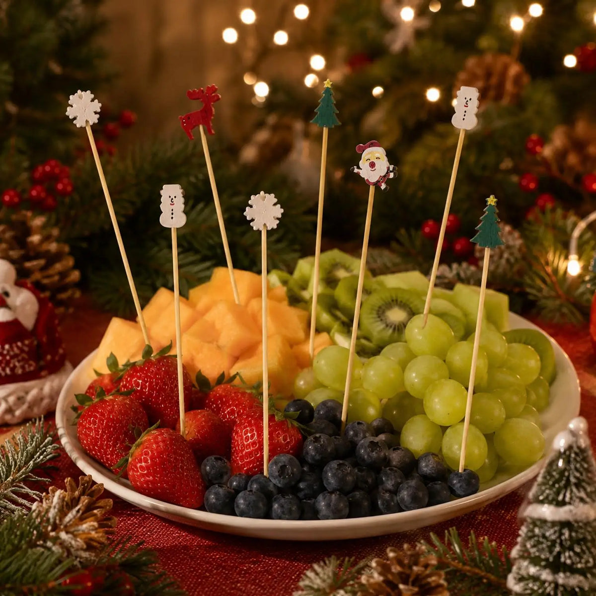 Christmas Wooden Toothpicks 100pcs/Pack, Santa Claus, Snowflake & Reindeer Cocktail Picks, Bamboo Food Picks for Cupcakes, Desserts, Drinks & Holiday Party Table Decor