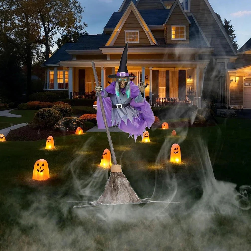 Halloween Props Flying Witch Decoration with Scary Sounds and Lights Fun Costumes Flying Scary Witch for Garden Yard Lawn Indoor