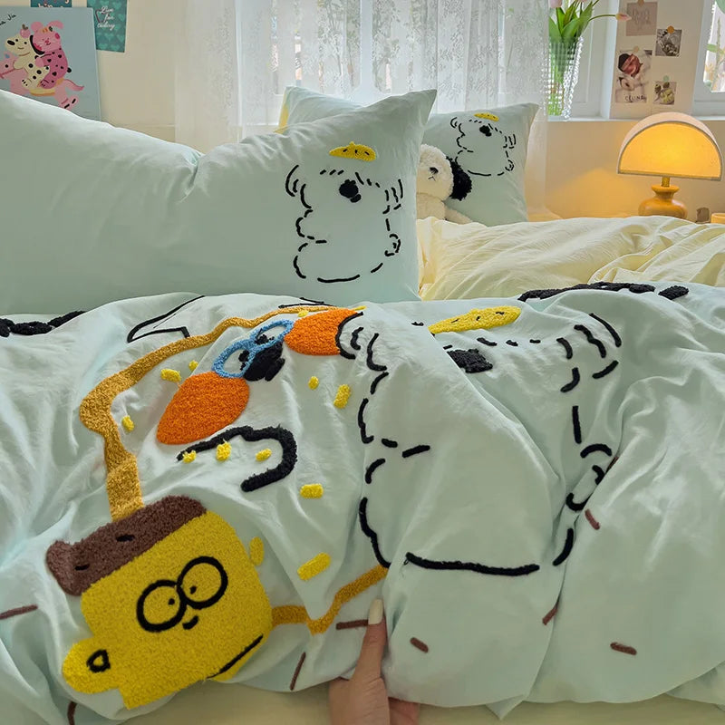 Cute Cartoon Animal Embroidery Bedding Set – 4-Piece Washed Polyester Jacquard Duvet Cover, Flat or Fitted Sheet & Pillowcases