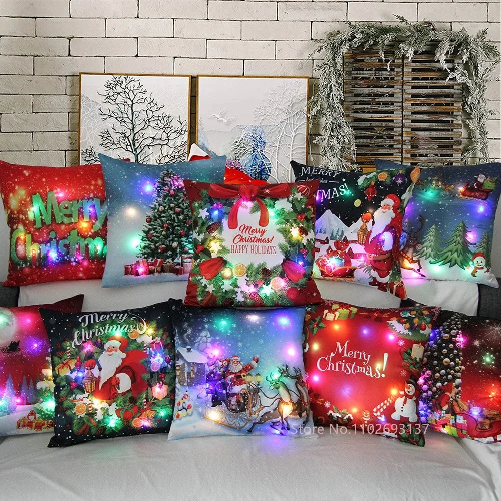 Christmas LED Pillow Cover 45×45cm, Festive Light-Up Polyester Cushion Case with One-Sided Print, Xmas Throw Pillowcase for Bedroom, Sofa & Party Decor