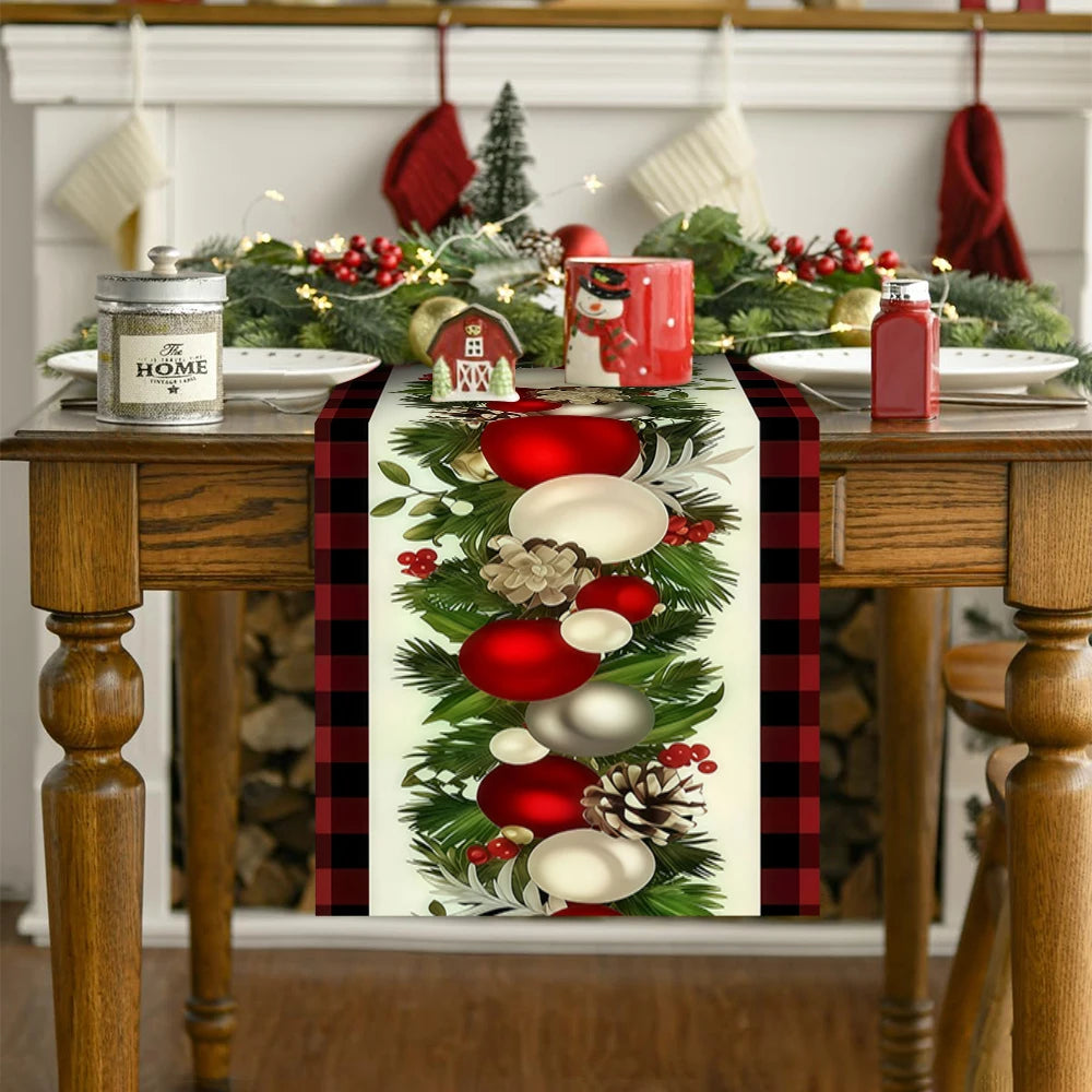 Christmas Table Runner 35×180cm, Red & Black Buffalo Plaid with Pine Cone, Berry, Pine Leaf & Christmas Ball Design, Polyester Holiday Table Decor