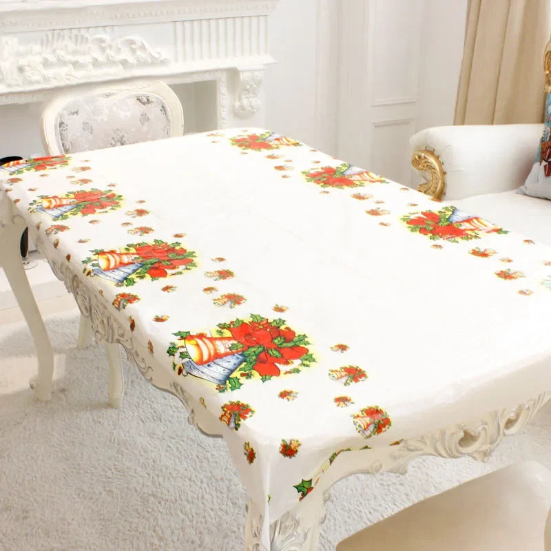 Christmas Rectangular Tablecloth 110×180cm, Disposable PVC Table Cover with Santa, Snowman & Christmas Tree Print, Festive New Year Party Dining Decor for Home & Events