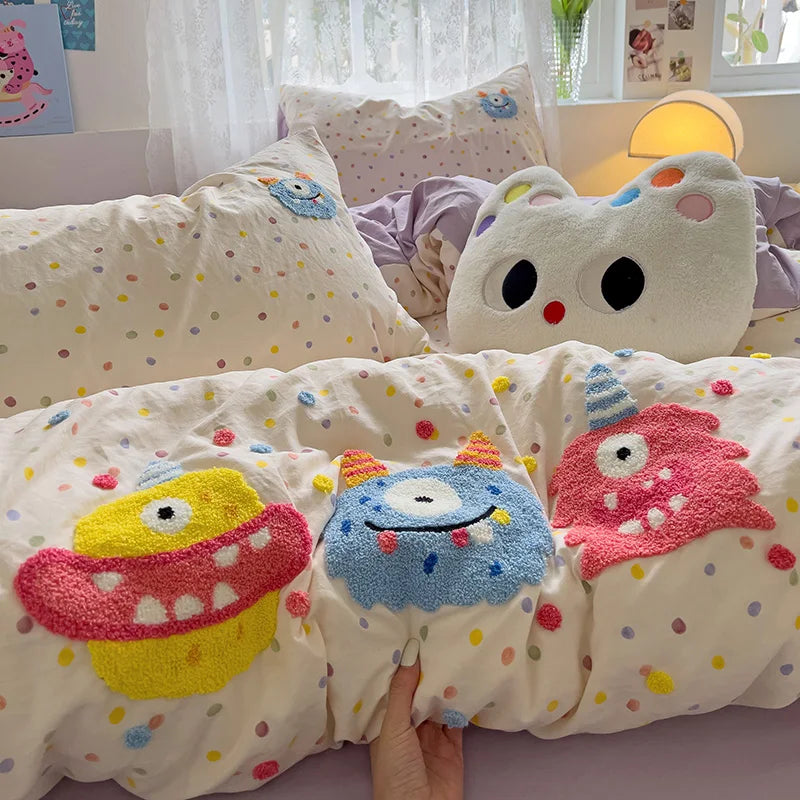 Cute Cartoon Animal Embroidery Bedding Set – 4-Piece Washed Polyester Jacquard Duvet Cover, Flat or Fitted Sheet & Pillowcases