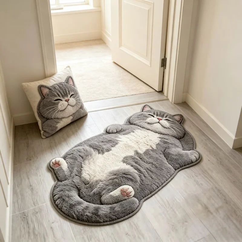 Cute Cat-Shaped Area Rug, Soft Plush Polyester Fleece Carpet with PVC Backing, Japanese & Korean Style Cartoon Floor Mat for Bedroom, Living Room & Hallway Decor