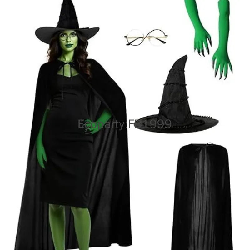 Halloween Evil Witch Costume Set for Women Gothic Wizard Cosplay Green Claw Gloves Sharp Hat Set Adult Carnival Party Dress Up
