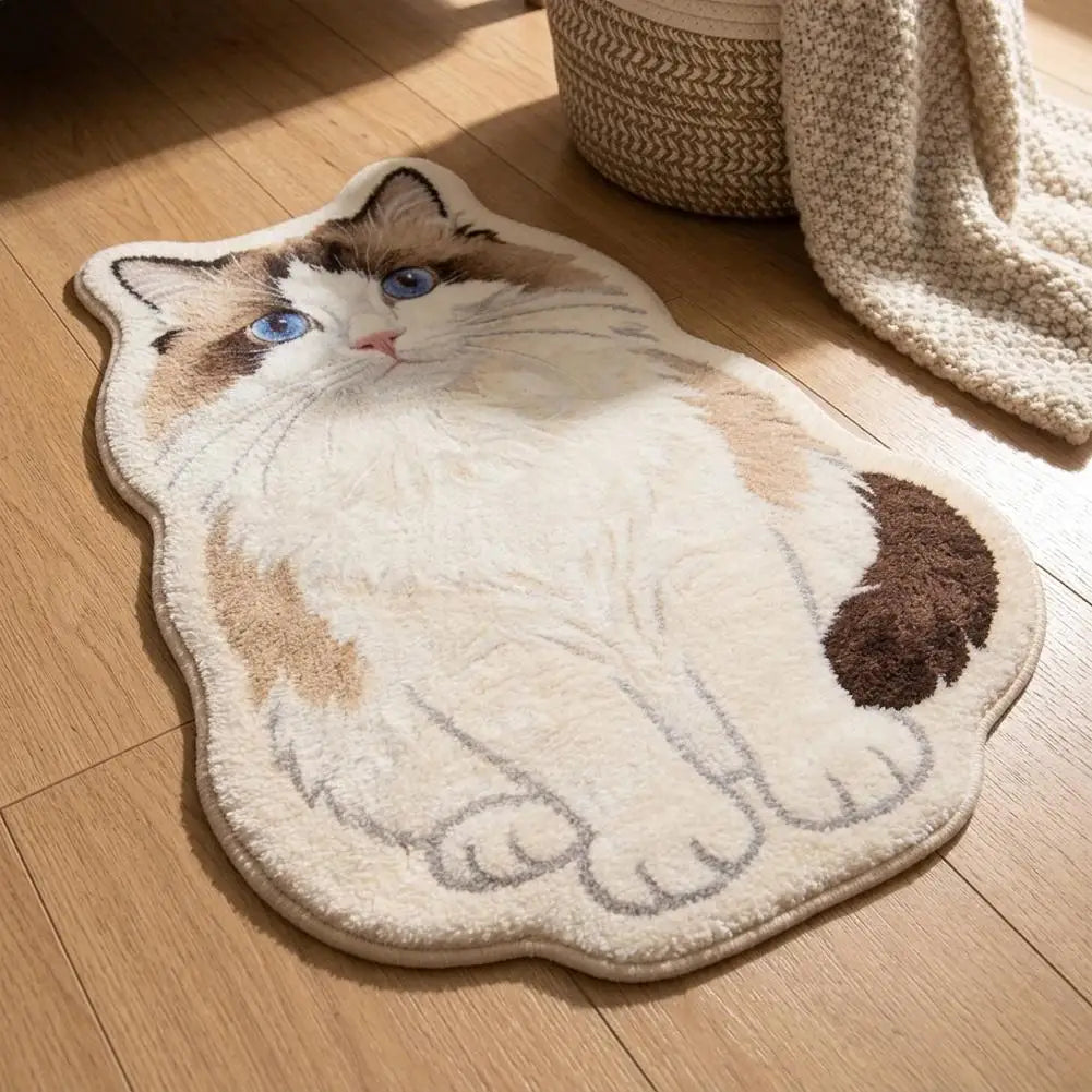 Cute Cat Shaped Rug 40×60cm, Soft Plush Acrylic Floor Mat with Suede Backing, Irregular Animal Carpet for Bedroom, Bathroom, Living Room & Cat Lovers