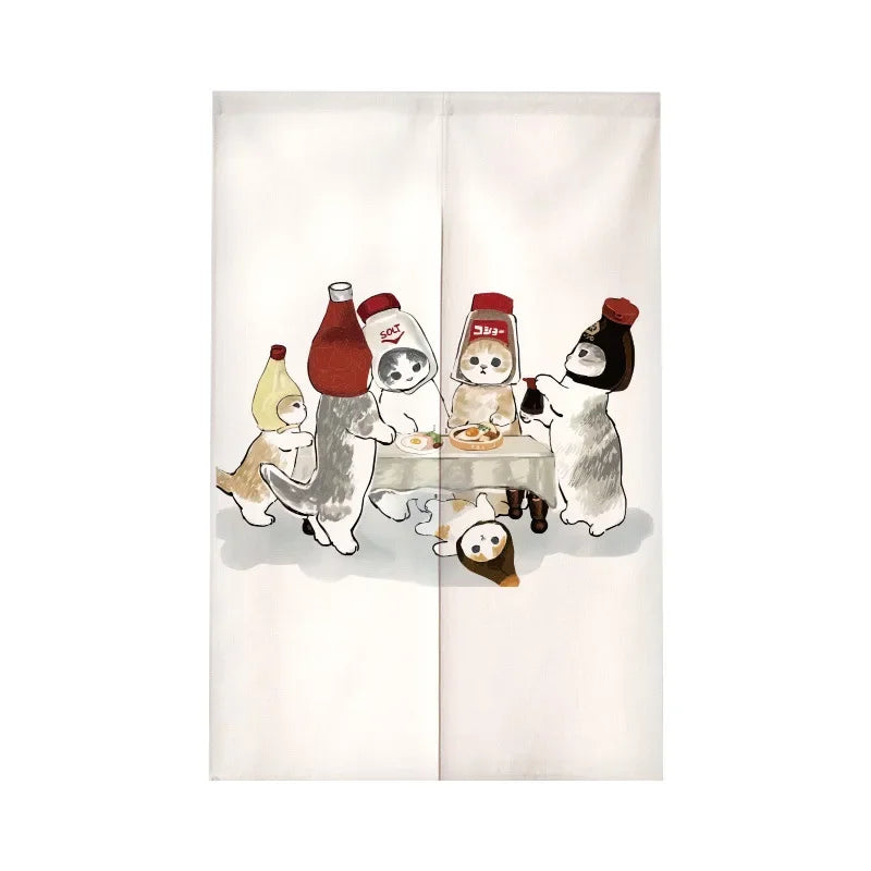 Funny Cat Japanese Noren Door Curtain, Cute Cartoon Hanging Half Curtain for Kitchen, Living Room & Restaurant, Polyester Room Divider for Doorway & Entrance Decor