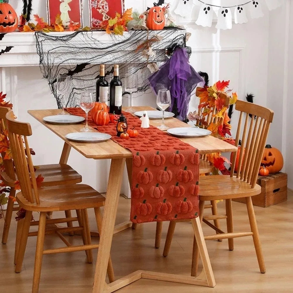 Halloween Pumpkin Table Runner 33×183cm, Soft 3D Tufted Polyester Table Cover, Rectangular Fall Dining Table Decor for Halloween Party, Kitchen & Home