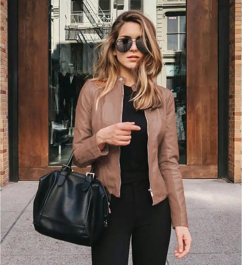 Women’s PU Leather Biker Jacket – Zipper Motorcycle Coat for Autumn & Winter