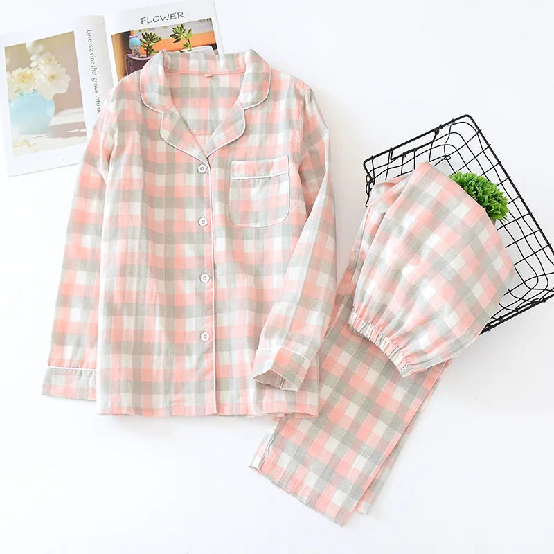 Couple's 100% Cotton Pajamas Two-piece Set Long Sleeved Pants Simple Plaid Print Pajamas Homewear Sleepwear for Women and Men