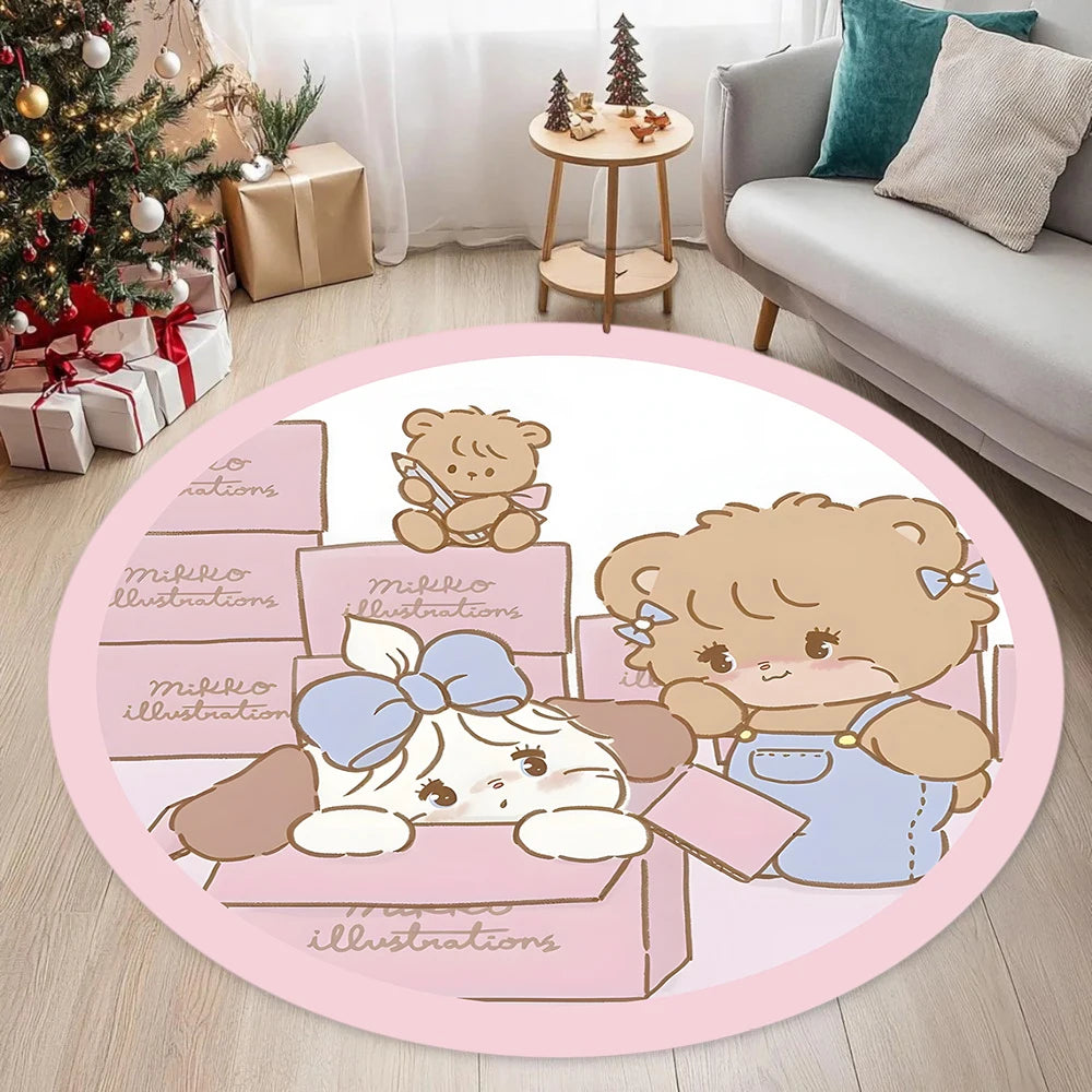 Round Pink Dot Cartoon Cat Rug, Cute Polyester Flannel Floor Mat with Non-Slip PP Backing, Modern Decorative Carpet for Living Room, Bedroom & Home Decor