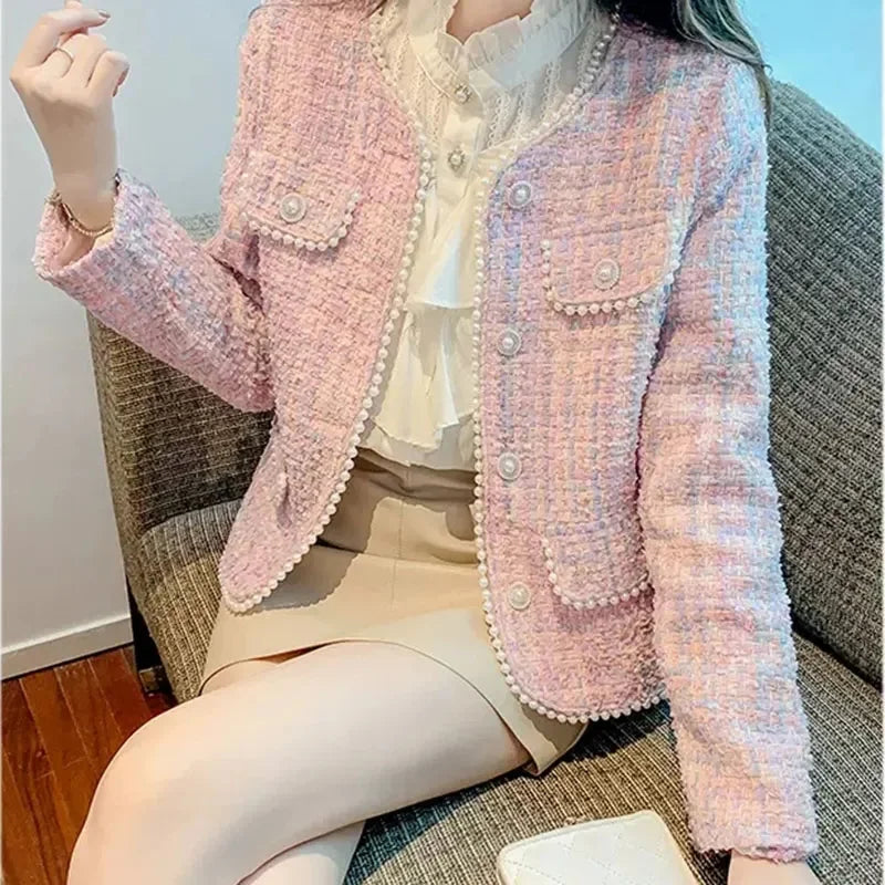Advanced Women O-Neck Tweed Coat Korean Female Fashion Leisure Short
