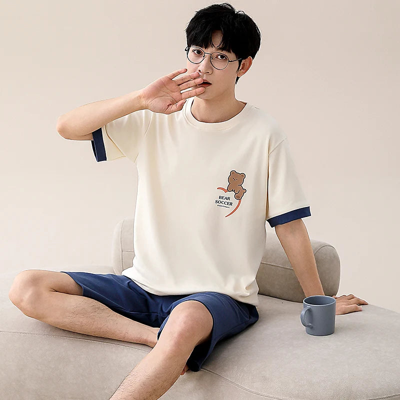 Couple Pajama Set Summer Cute Cartoon Pyjamas Men Sleeveless Pijamas 100% Cotton Women Sling Nightgown Lovers Sleepwear