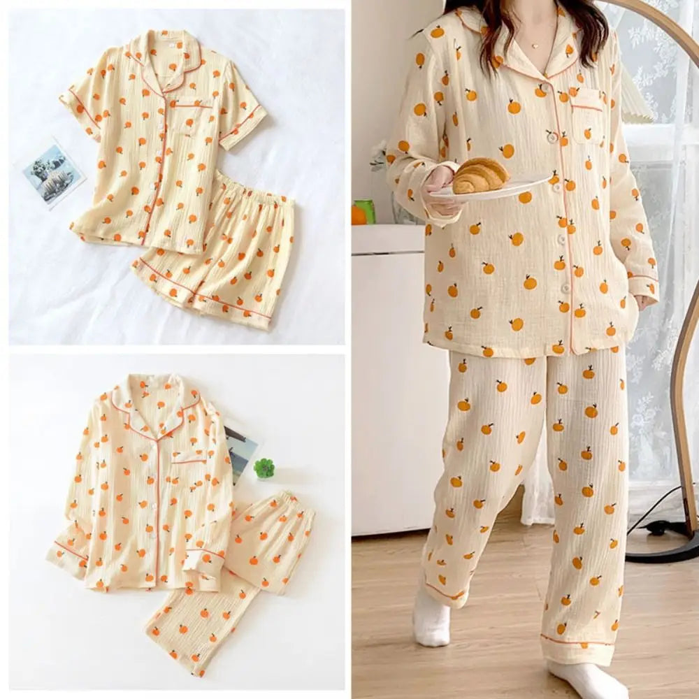 Fashion V-neck Fruits Pajamas Suit Loose Homewear Two Piece Nightwear Short-sleeves Sweet Women Short Sleepwear Summer Autumn