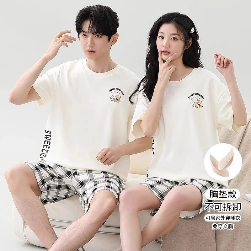 Cartoon Cute Bear Nightwear for Couples Summer Short Sleeves Shorts Sleepwear Women and Men Matching Homewear Young Boy Girl Pjs
