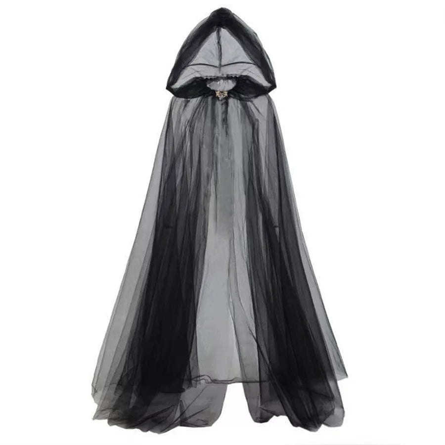 Halloween  cosplay - ghost costume with hooded cloak, death god witch net-like long dress, full-length performance outfit