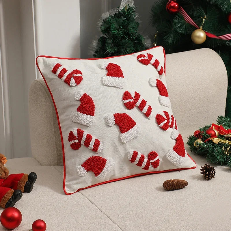 Christmas Tufted Cushion Cover 45×45cm, Red & White 3D Candy Cane & Santa Hat Embroidered Pillowcase, Festive Holiday Throw Pillow Cover for Sofa, Chair, Car & Home Decor