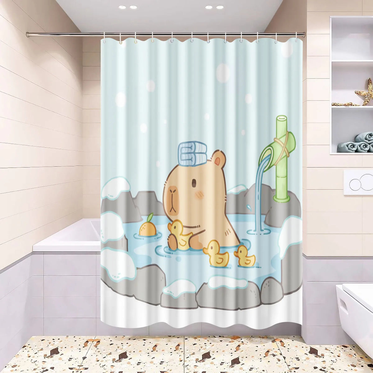 Cute Capybara Shower Curtain, Funny Cartoon Waterproof Bathroom Curtain with Plastic Hooks, 100% Polyester Mildew-Resistant Curtain for Modern Bathroom Decor