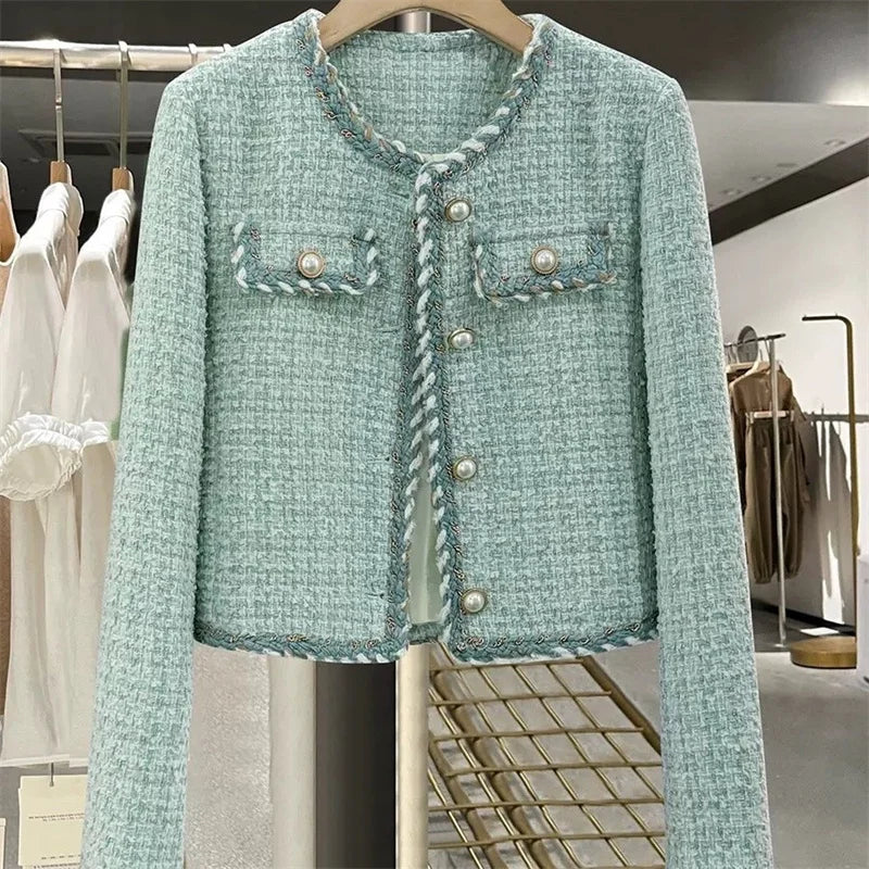 Women Elegant Tweed Jackets Chic O-neck Long Sleeve Tops New Autumn