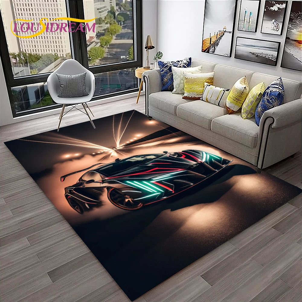 Sports Car Racing Rug, 3D Printed Cartoon Polyester Crystal Velvet Carpet with Non-Woven Backing, Kids Playroom Floor Mat for Bedroom, Living Room & Home Decor