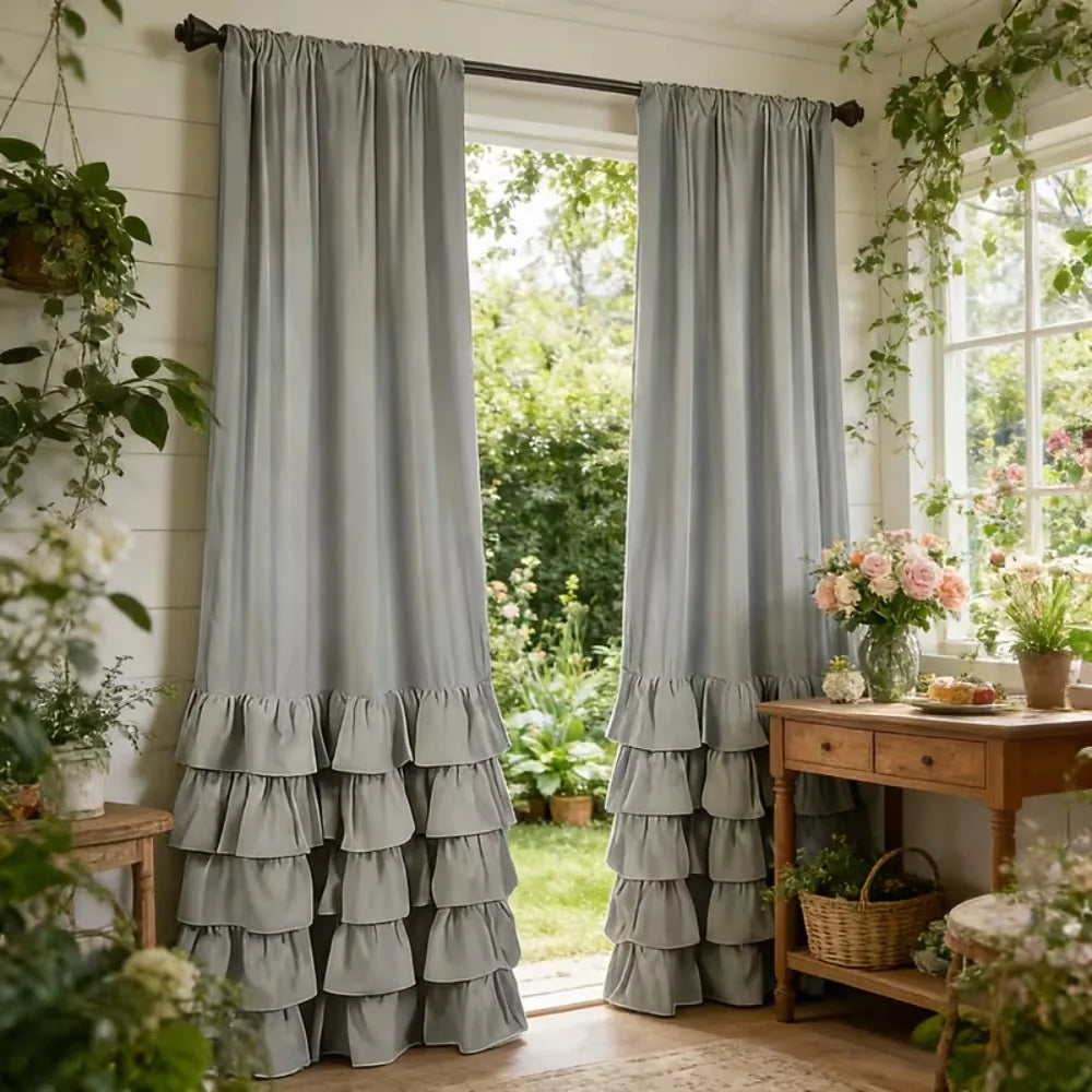Pleated Ruffled Sheer Curtains 1–2pcs, Soft Layered Lace-Style Polyester Drapes with French Romantic Design, Privacy Light-Filtering Curtains for Living Room, Bedroom & Door