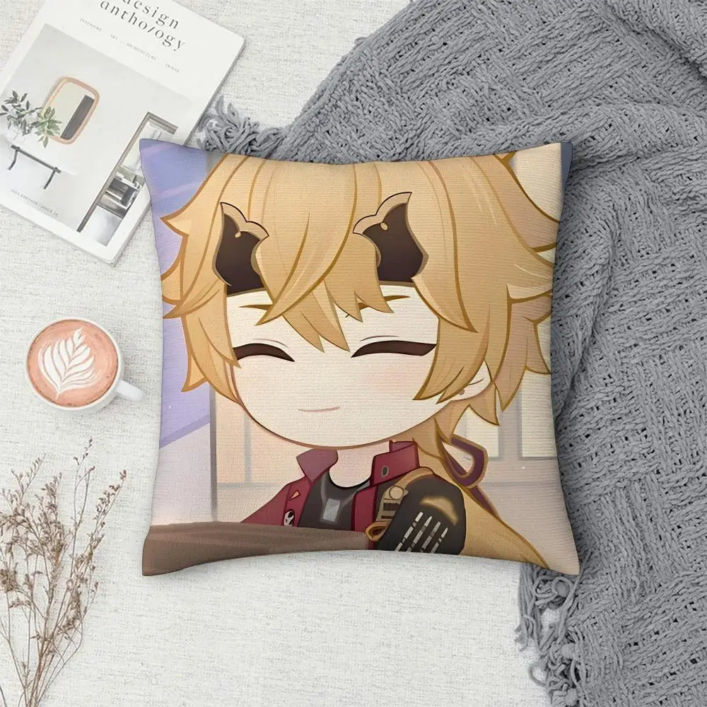 Thoma Genshin Impact Cushion Cover 40×40cm, Cute Anime Game Pillowcase with Double-Sided Print & Invisible Zipper, Soft Polyester Short Plush Sofa Pillow for Bedroom & Living Room Decor