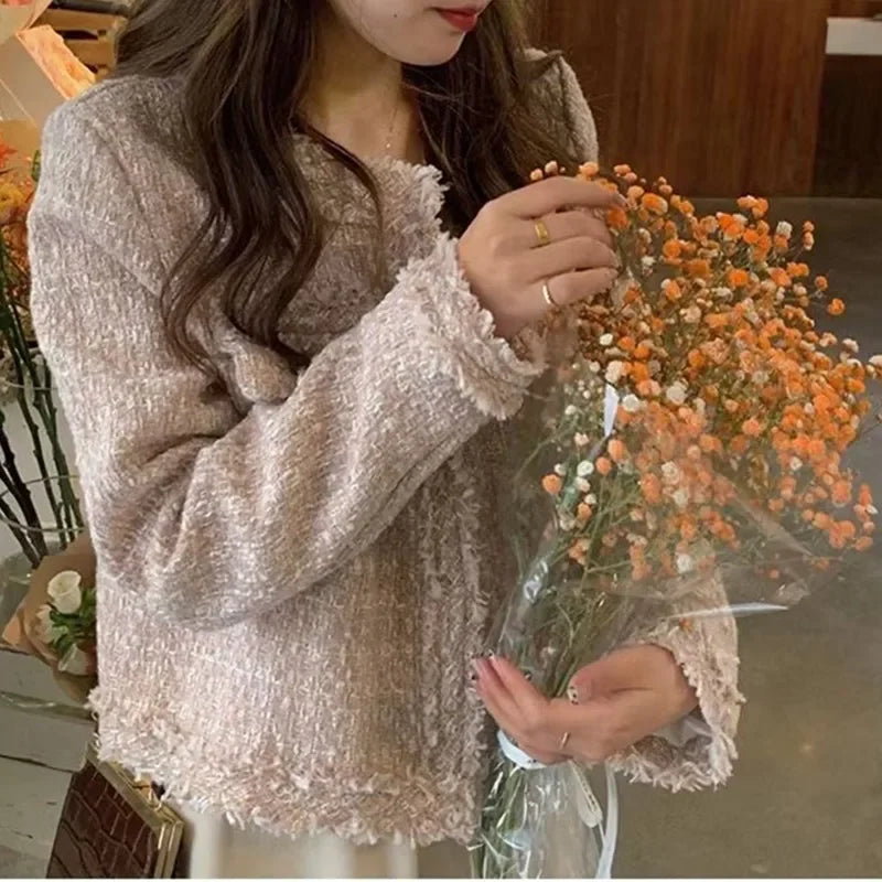 HJLZWB New Fashion Korean Chic Vintage Tweed Woolen Jacket Coat Women