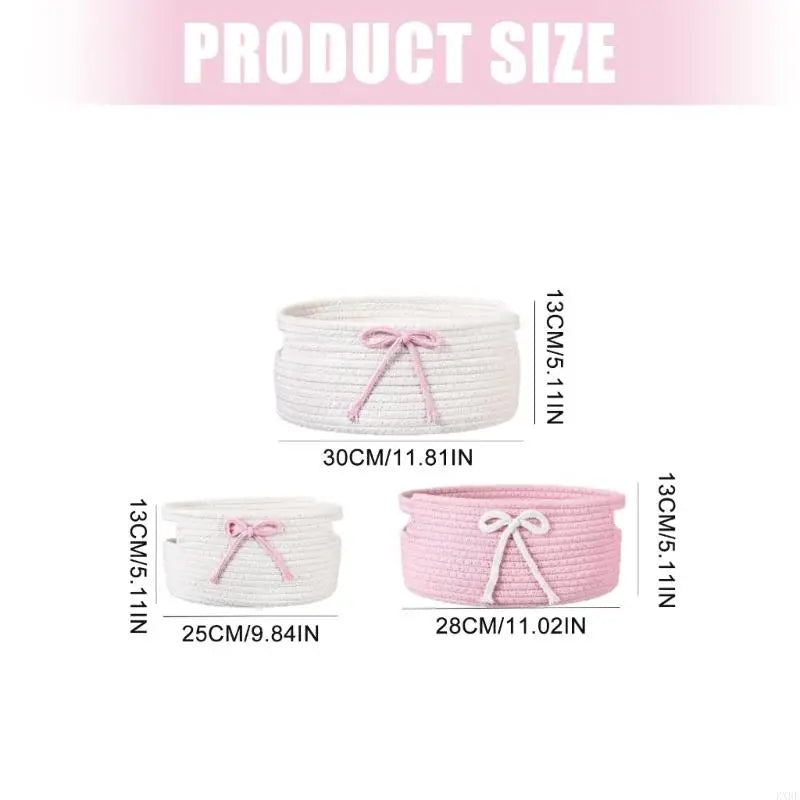 Set Of 3 Hand Handwoven Cotton Bowknot Decorated Storage Baskets Nesting Organizers For Home Bedroom Kids Room KXRE