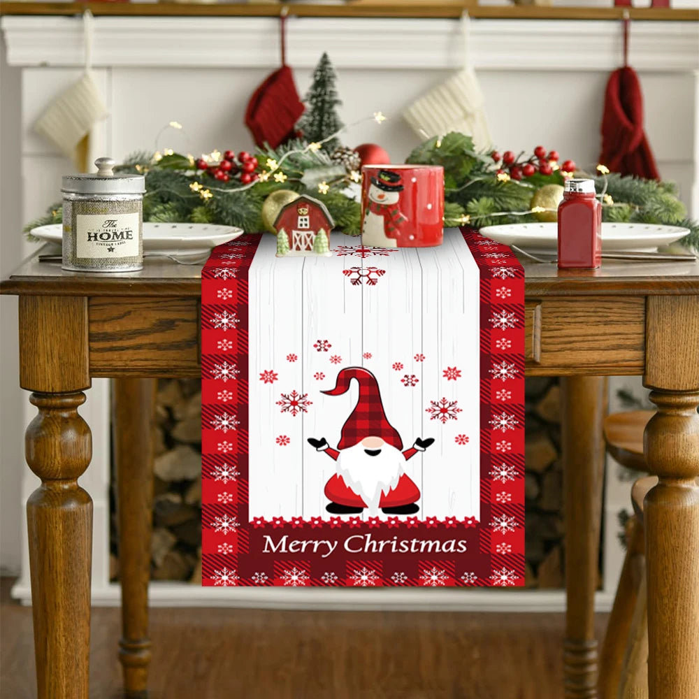 Christmas Table Runner, Buffalo Plaid Gnome Reindeer & Snowflake Holiday Table Decor, Merry Christmas Polyester Runner for Dining Table, Party & Home