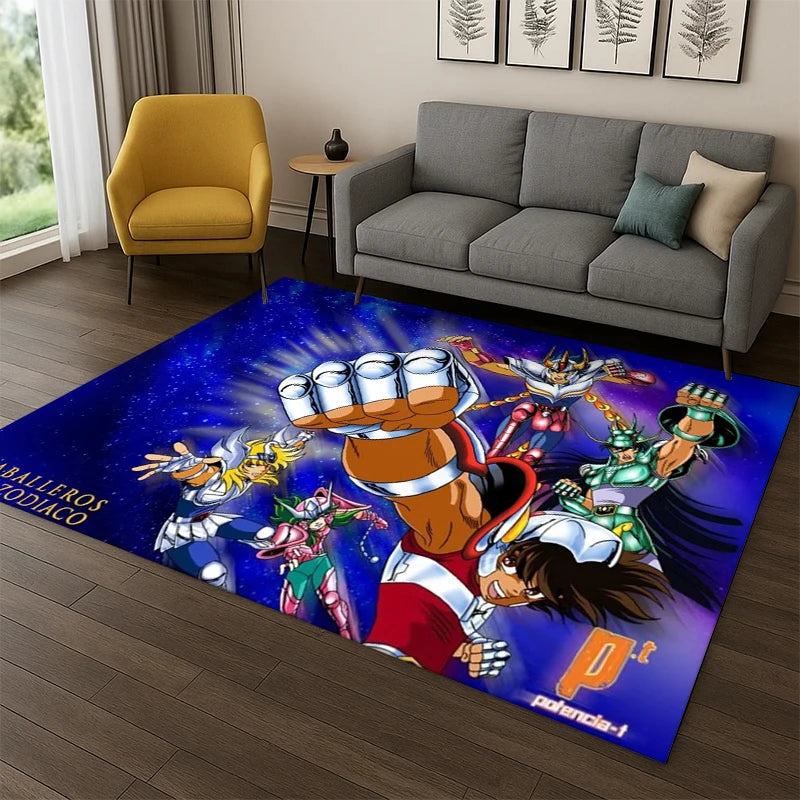 Saint Seiya Anime Rug, Retro Cartoon Polyester Flannel Carpet with PVC Anti-Slip Backing, Tufted Floor Mat for Kids’ Playroom, Bedroom, Living Room & Home Decor