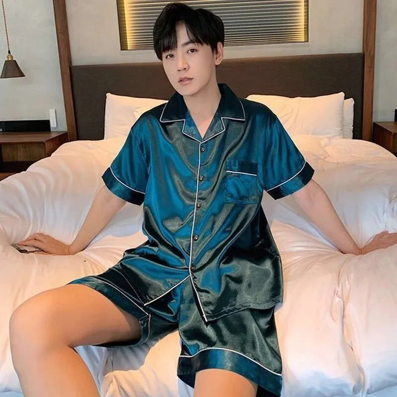 Solid Color Sleepwear Silk Satin Pajamas Couple Set Short-sleeved Pyjamas Suit Pijama Women Men Loungewear Plus Size Pj Set