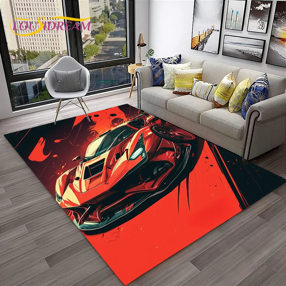 Sports Car Racing Rug, 3D Printed Cartoon Polyester Crystal Velvet Carpet with Non-Woven Backing, Kids Playroom Floor Mat for Bedroom, Living Room & Home Decor