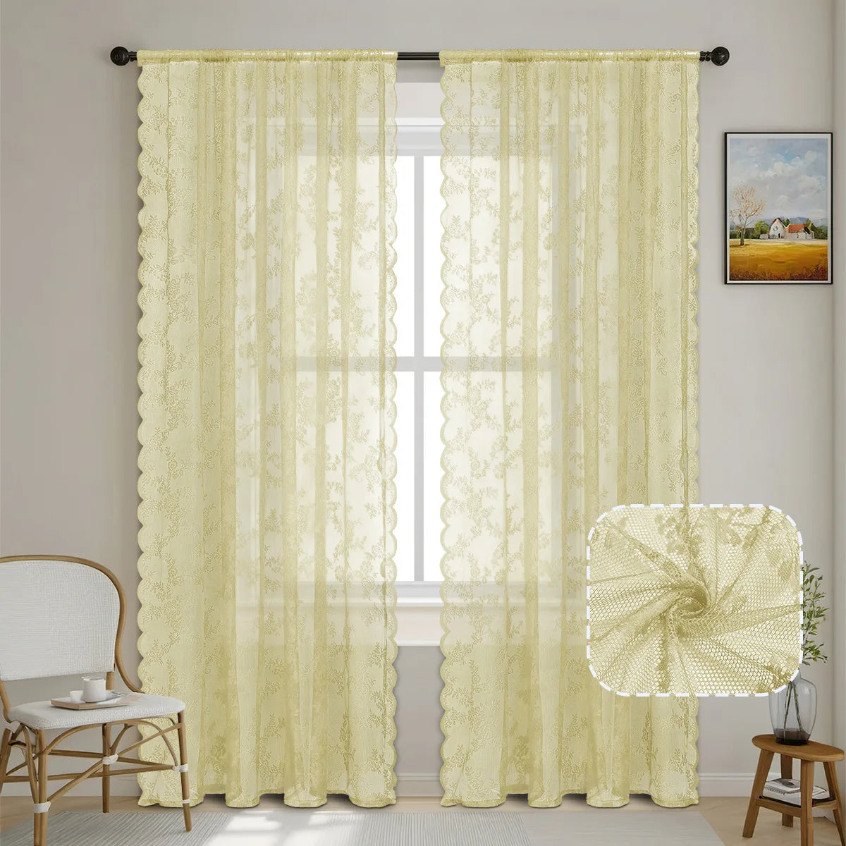 Floral Lace Curtains 1–2 Panels, Botanical Embroidered Semi-Sheer Window Curtains with Scalloped Edge, Vintage Romantic Decor for Living Room, Bedroom & Bay Window