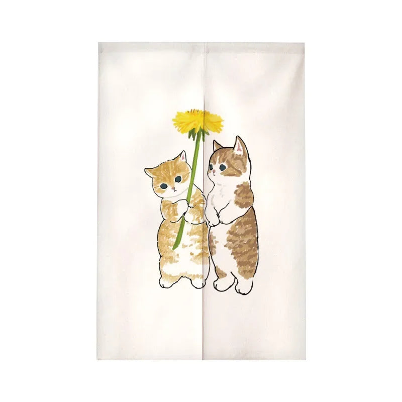 Funny Cat Japanese Noren Door Curtain, Cute Cartoon Hanging Half Curtain for Kitchen, Living Room & Restaurant, Polyester Room Divider for Doorway & Entrance Decor