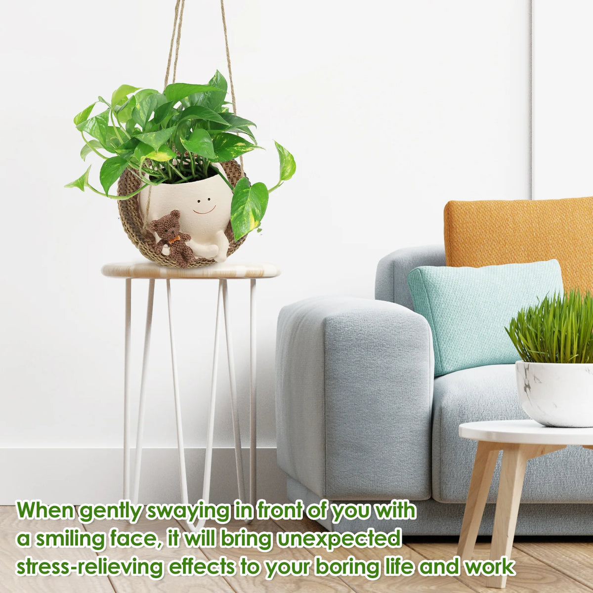 Cute Face Hanging Planter Pot, Swinging Succulent Pot with Drainage Hole, Resin Hanging Plant Holder with Rope & Hook for Indoor, Outdoor, Garden & Home Decor