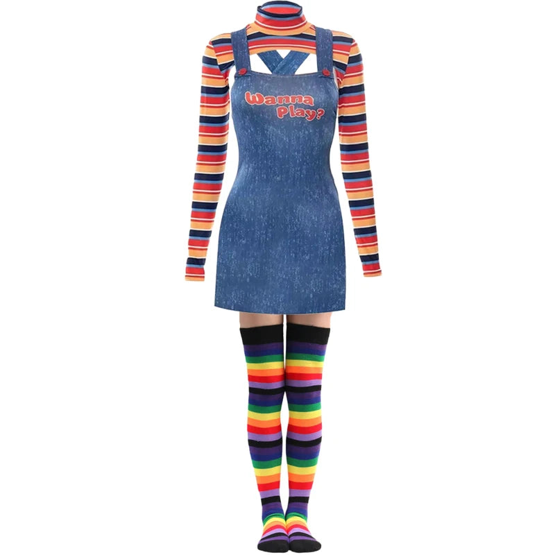 Halloween Costumes for Women Scary Nightmare Killer Doll Wanna Play Movie Character Chucky Doll Costume With Stockings