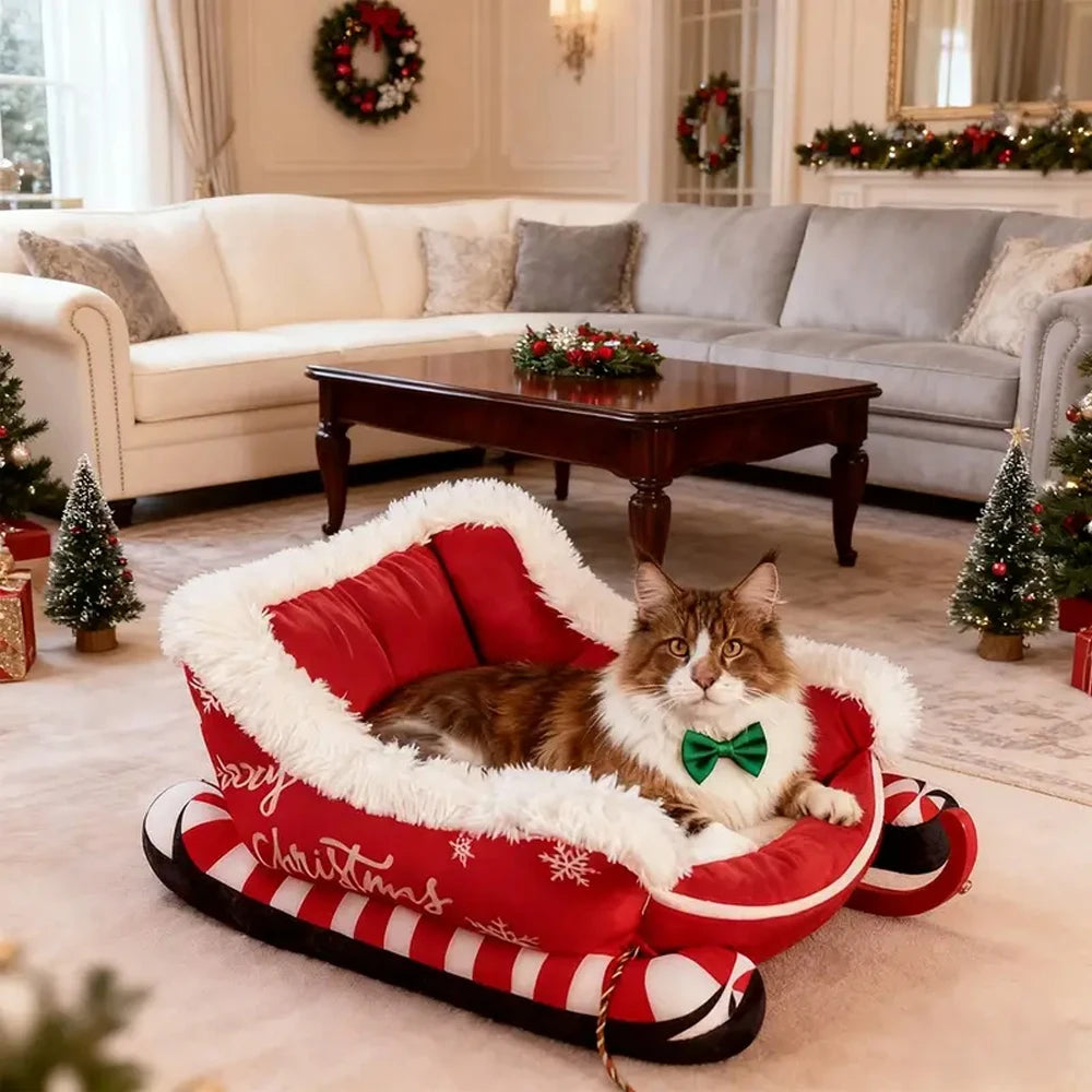 Christmas Pet Bed, Removable Washable Plush Dog & Cat Nest with Non-Slip Base, Cozy Winter Sleigh-Style Pet Sofa for Indoor Home, Bedroom & Balcony