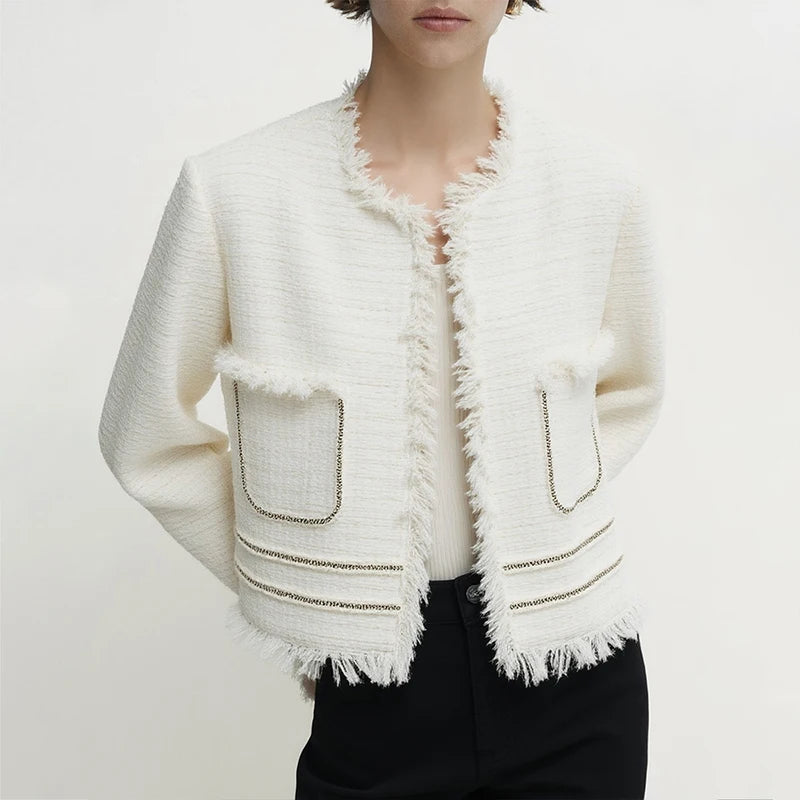 Amii Women's Jacket 2026 Autumn New Tweed Fringed Splicing Pleated