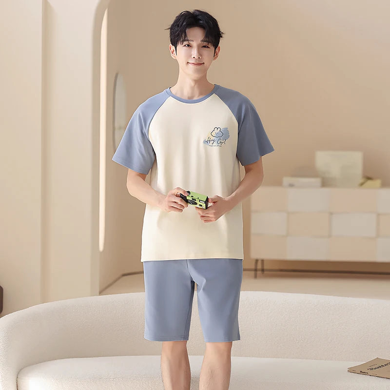 Newest Couple Pajamas Set Summer Short Sleeve Sleepwear 100% Cotton Men and Women Cute Cartoon Pijamas Women Nightgown