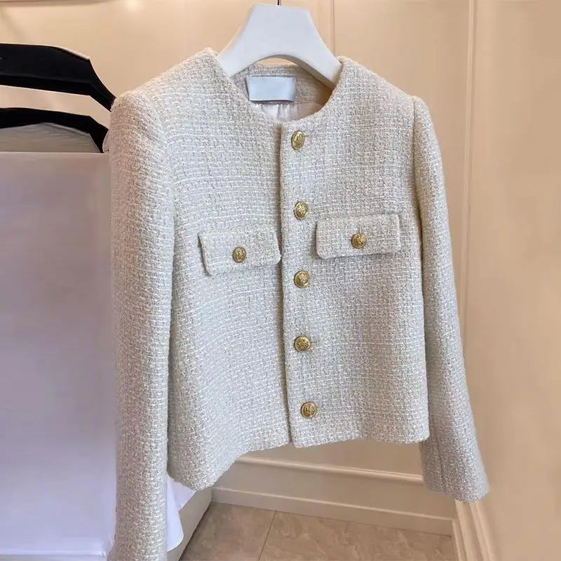French Wool Tweed Coat Fashion High-end Gold Button Short Slim