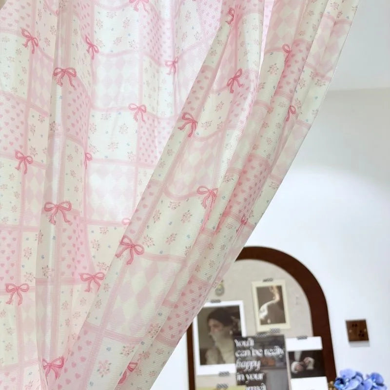 Cute Pink Bow Short Curtain, Small Decorative Dormitory & Bed Curtain, Jacquard Fabric Panel for Cabinet, Door, Window & Room Decor