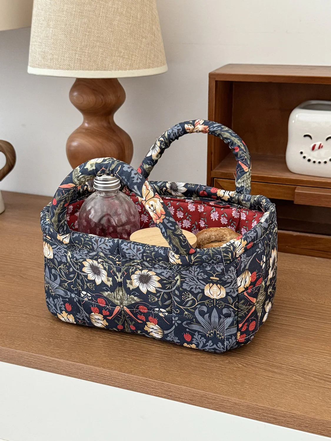Desktop snack and miscellaneous items organizer basket, quilted fabric home storage basket, large garden series laundry basket