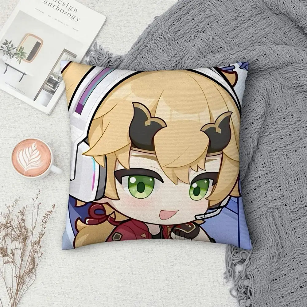 Thoma Genshin Impact Cushion Cover 40×40cm, Cute Anime Game Pillowcase with Double-Sided Print & Invisible Zipper, Soft Polyester Short Plush Sofa Pillow for Bedroom & Living Room Decor