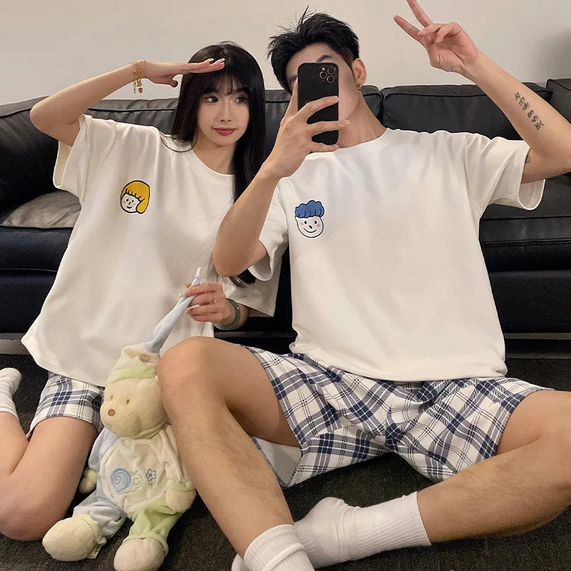 Cartoon Cute Bear Nightwear for Couples Summer Short Sleeves Shorts Sleepwear Women and Men Matching Homewear Young Boy Girl Pjs