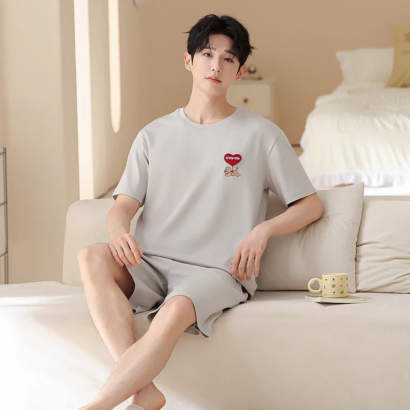 Newest Couple Pajamas Set Summer Short Sleeve Sleepwear 100% Cotton Men and Women Cute Cartoon Pijamas Women Nightgown