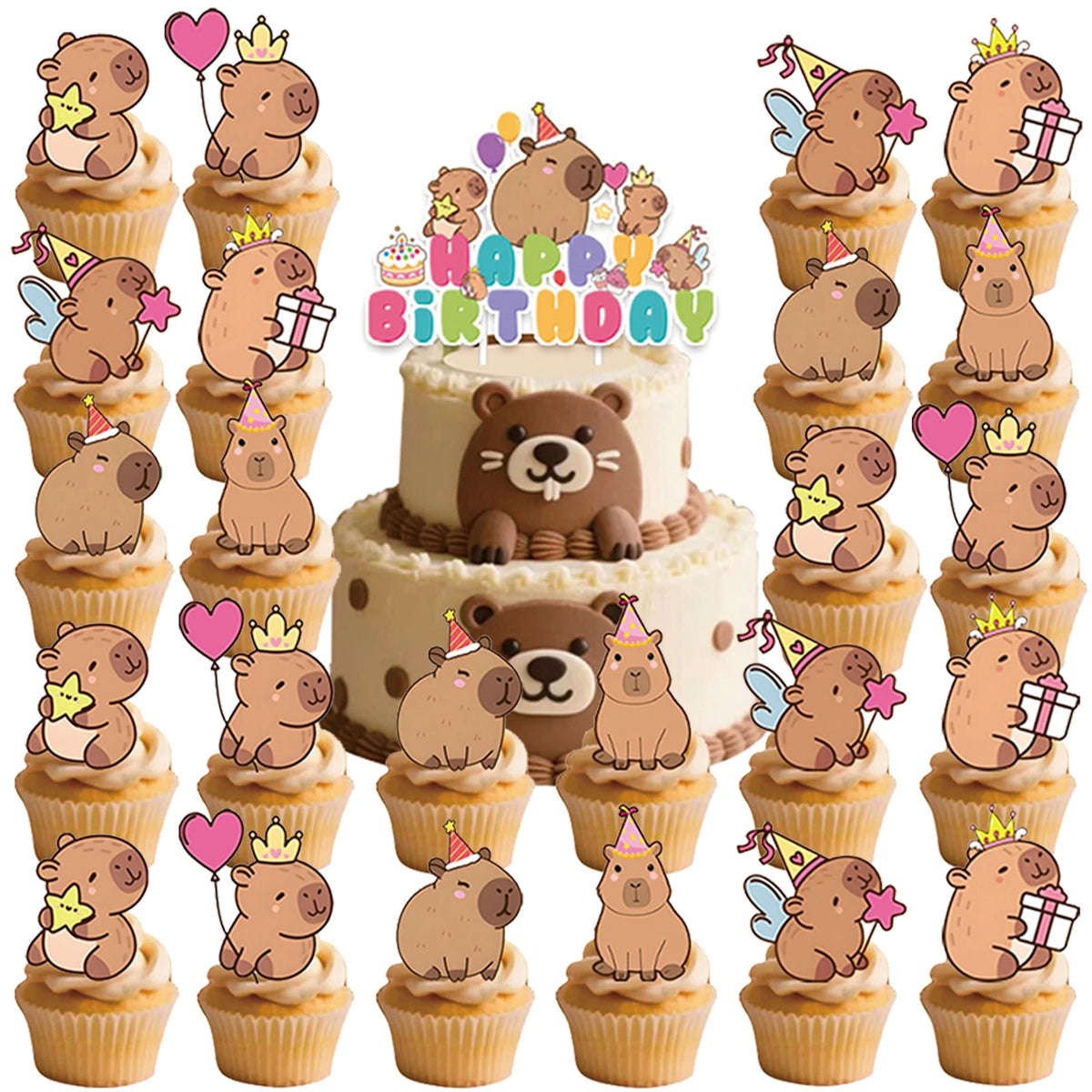 Capybara Cake Toppers – Cute Cartoon Animal Cupcake Decorations for Birthday, Baby Shower & Party Supplies